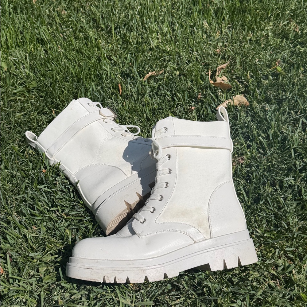 Women's White Lace-Up Combat Boots - Picture 2 of 3
